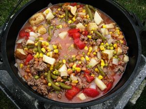 Dutch Oven Cowboy Stew, cooking