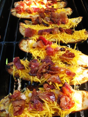 Grilled Potato Skins with Cheese and Bacon