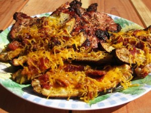 Grilled Potato Skins with Pork Chops