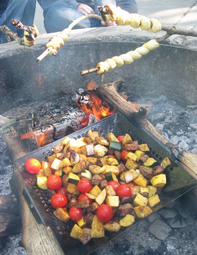 Shish Kabobs Over The Fire With Breadsticks