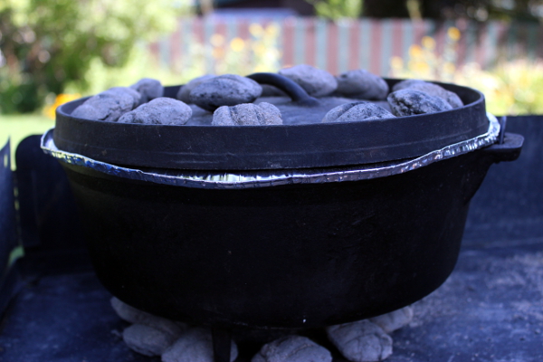 Dutch Oven with Cherry Cobbler inside