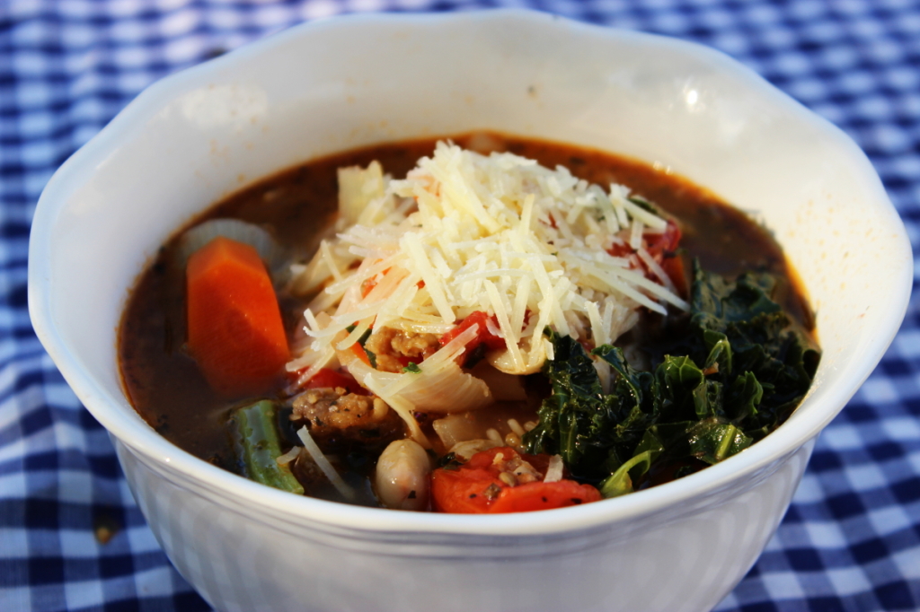 Tuscan Kale Bean Sausage Soup in a Dutch Oven